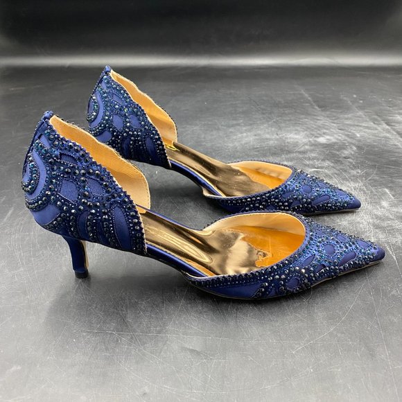 XYD Navy Pointed Toe D'Orsay Kitten Low Heels Rhinestone Shoes - Picture 5 of 8